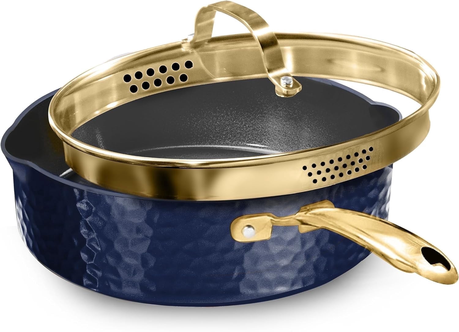 Granitestone Hammered 4 Qt Saute Pan with Lid - 12 Inch Non Stick Frying Pan with Strainer Holes, Cooking Pan, Nonstick Skillet, Induction Pan, Ceramic Pan, Dishwasher Safe, Navy