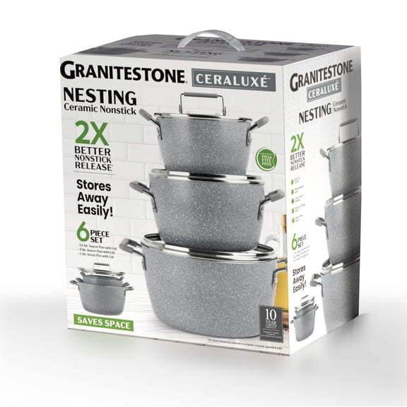 Granitestone 6 Pc Pots and Pans Set Non Stick, 1.5Qt, 3Qt, & 5Qt Nesting Pots Set for Cooking with Induction Cookware Set, Space Saving, Non Toxic, Dishwasher Safe, Gray