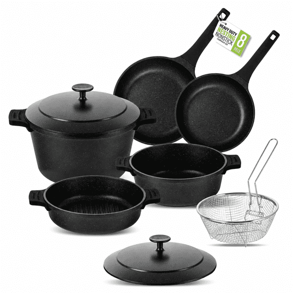Granitestone 8Pc Pots and Pans Set Nonstick, Ultimate Grillers Cookware Set, Nesting Ceramic Cookware Set, Indoor Grilling & Fry Set, Induction & Camping Cookware Set, Space Saving, Black