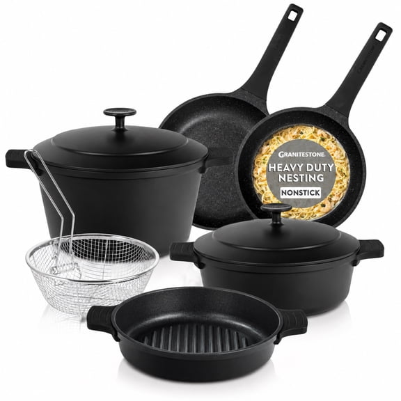 Granitestone 8Pc Pots and Pans Set Nonstick, Ultimate Grillers Cookware Set, Nesting Ceramic Cookware Set, Indoor Grilling & Fry Set, Induction & Camping Cookware Set, Space Saving, Black