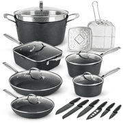 Granitestone Armor Max 20 Pc Pots and Pans Set Non Stick, Hard Anodized Induction Cookware Set with Knife Set and Deep Fryer Basket, Oven & Dishwasher Safe, Black
