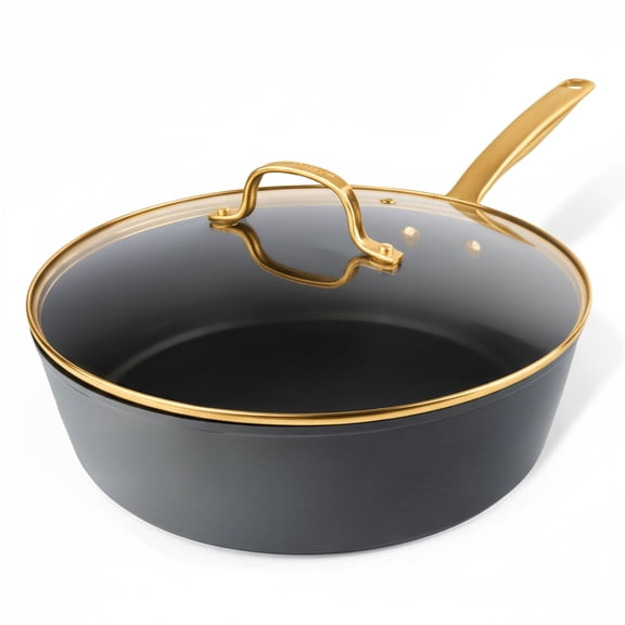 Granitestone Armor Max 11 Inch Frying Pan, Hard Anodized Skillet Non Stick, 4 Quart Saute Pan with Lid, Multipurpose Cooker, Jumbo Cooker NonStick Deep Frying Pan, Skillet, Gold Handles