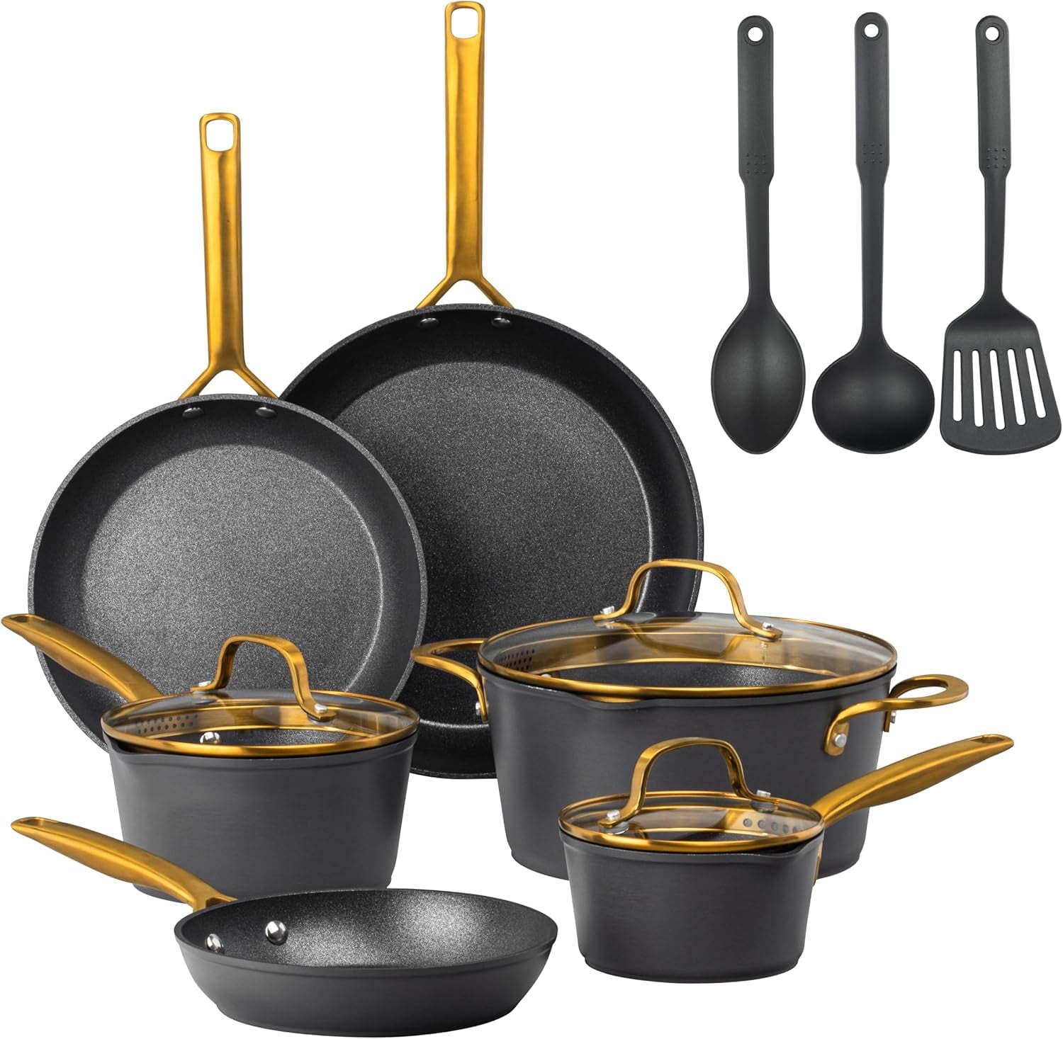 Granitestone Armor Max Nonstick Pots and Pans 14 Piece Kitchen Induction Cookware Skillet Saucepan Black Gold