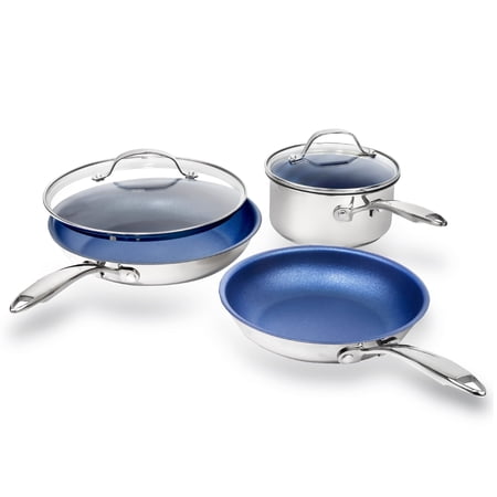 Granitestone Blue Nonstick Cookware Set, Tri-Ply Base, Stainless Steel Pots & Pans Set, 5 Piece Cookware, Includes, Frying Pans, Stock Pots & Skillets, Dishwasher & Induction Safe, Stay Cool Handles
