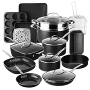 Granitestone Ceraluxe 20 Pc Pots and Pans Set Non Stick, Ceramic Cookware Set with 5-Pc Bakeware, Deep Frying Pan & Steamer, Oven & Dishwasher Safe, Black