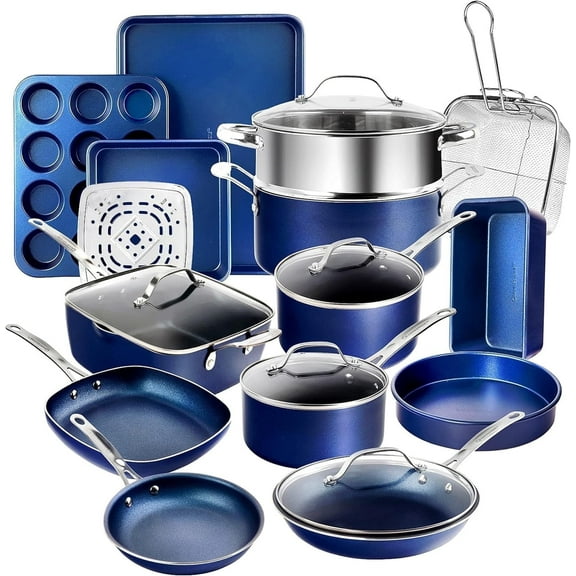 Granitestone Ceraluxe 20Pcs Ceramic Cookware Set Nonstick, Complete Pots and Pans Set Non Stick with 5 Pc Bakeware Set, Deep Frying Pan Set, & Steamer, Non Toxic, Oven & Dishwasher Safe, Blue