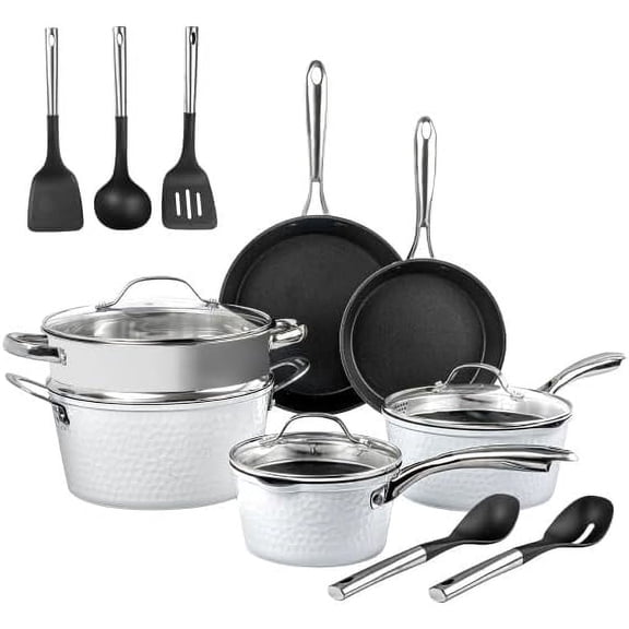 Granitestone 15 Piece Pots and Pans Set Nonstick Cookware Set, Pot and Pan Set, Kitchen Cookware Sets, Induction Cookware Set, Frying Pan Set, Pot Set Induction Cookware, Dishwasher Safe, Cream White