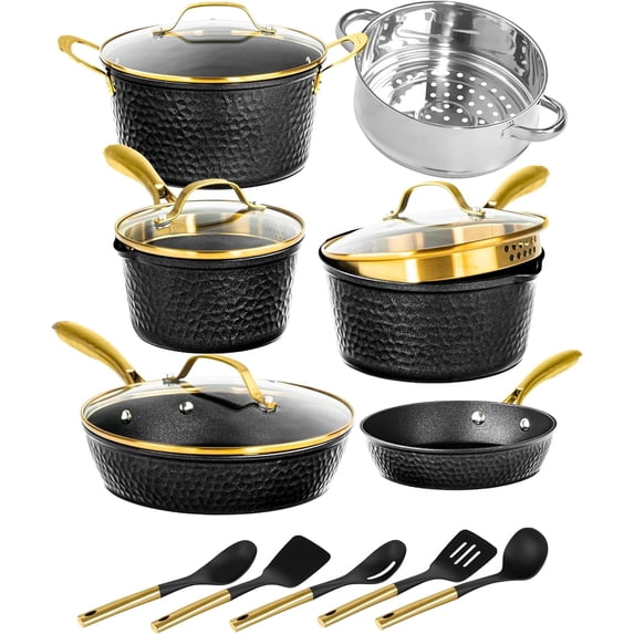 Granitestone 15 Pc Hammered Pots and Pans Set Non stick Cookware Set Pot and Pan Set Nonstick with Utensils, Induction Ready & Dishwasher Safe, Charleston Collection, Black