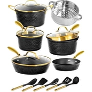 Granitestone 15 Pc Hammered Pots and Pans Set Non stick Cookware Set Pot and Pan Set Nonstick with Utensils, Induction Ready & Dishwasher Safe, Charleston Collection, Black