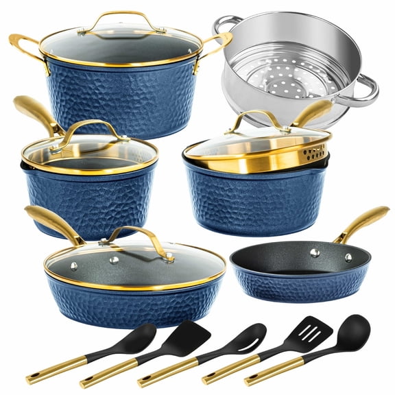 Granitestone 15 Pc Hammered Pots and Pans Set Non stick Cookware Set Pot and Pan Set Nonstick with Utensils, Induction Ready & Dishwasher Safe, Charleston Collection