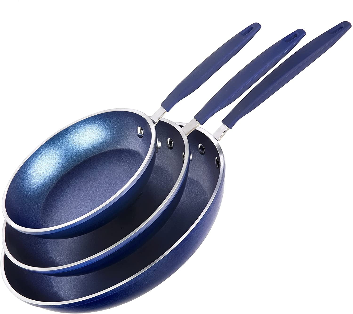 Choice 3-Piece Aluminum Non-Stick Fry Pan Set with Blue Silicone Handles -  8, 10, and 12 Frying Pans