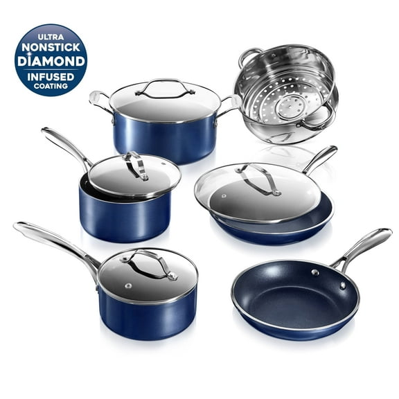 Granitestone 10 Pc Pots and Pans Set Non Stick Cookware Set, Kitchen Cookware Sets, Pot and Pan Set, Pot Set, Diamond Coated Nonstick Cookware Set with Lids, Non Toxic, Dishwasher Safe, Blue