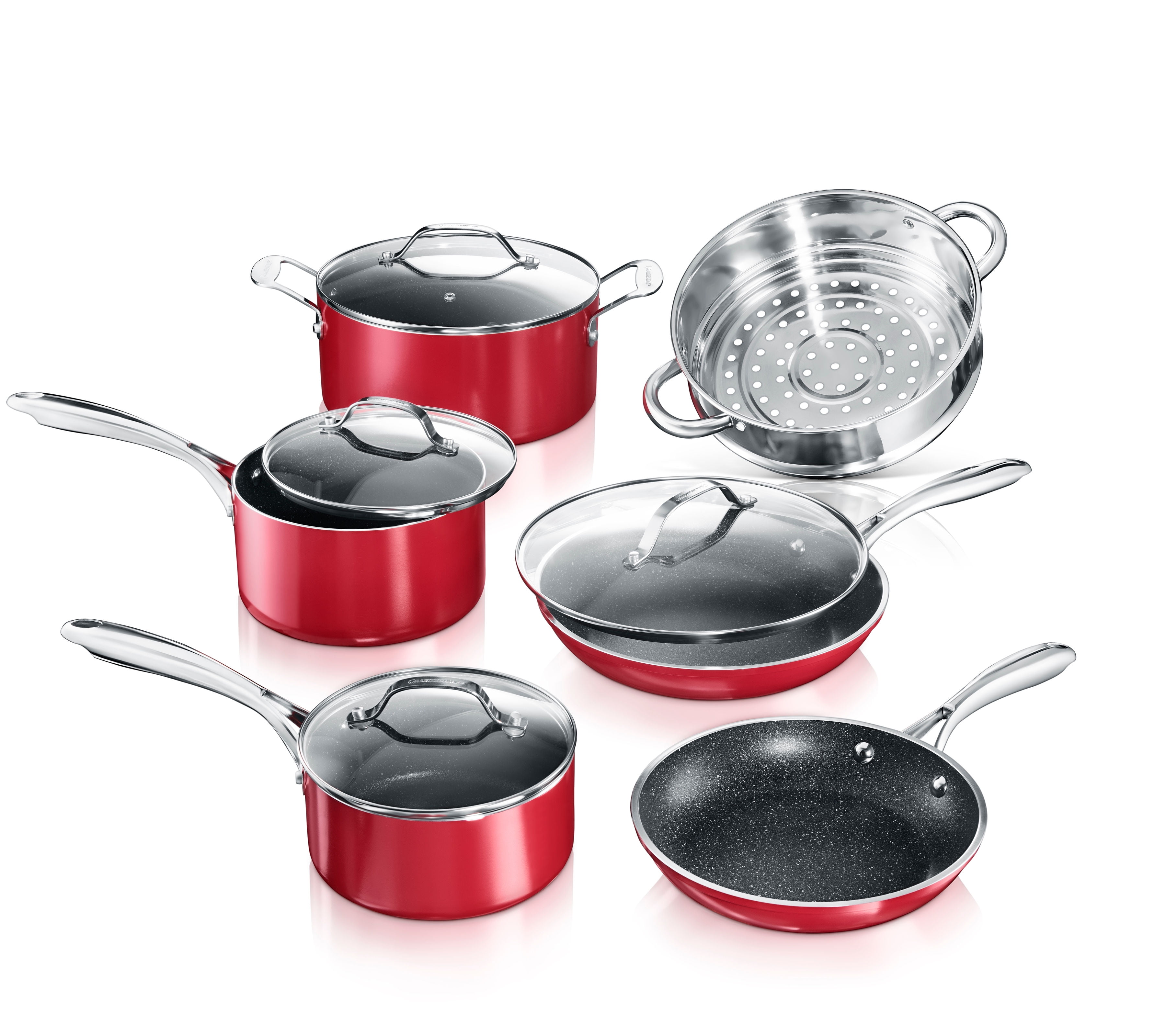 10-Piece Red Nonstick Aluminum Cookware Set with Glass Lids