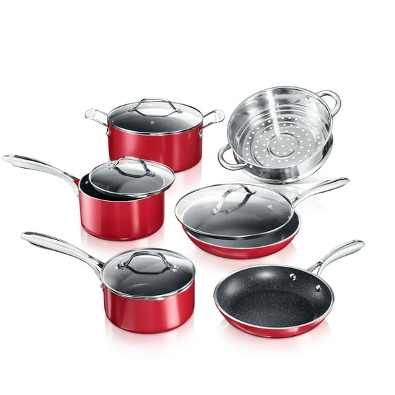 Granite Stone 10-Piece Non-stick Pots and Pans Cookware Set, Ultimate Durability and Non-stick with Mineral & Diamond Triple Coated, Red