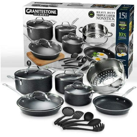 Granitestone Diamond Nonstick Pots and Pans 15 Piece Kitchen Cookware Set Cooking Frying Sauce Pan Stock Pot Black