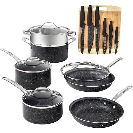 Granitestone Diamond Nonstick Pots and Pans 17 Piece Kitchen Cookware Set Knife Set Cooking Cutlery Knives Sauce Pan Black