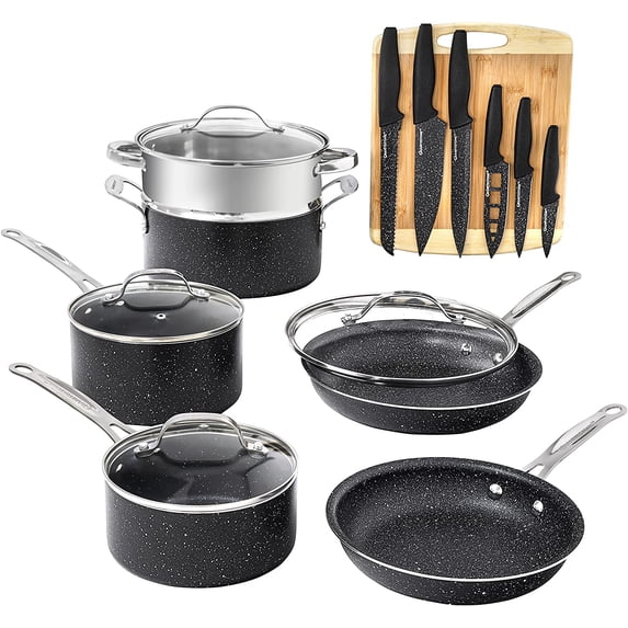 Granitestone Diamond Nonstick Pots and Pans 17 Piece Kitchen Cookware Set Knife Set Cooking Cutlery Knives Sauce Pan Black