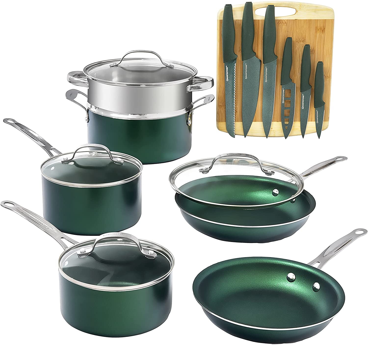 Granitestone Diamond Nonstick Pots and Pans 17 Piece Kitchen Cookware Set Knife Set Cooking Cutlery Knives Sauce Pan Green