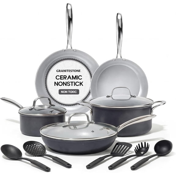 Granitestone Pro 13 Pc Pots and Pans Set Non Stick with Utensils, Hard Anodized Ceramic Cookware Set with Skillet, Diamond & Mineral Coating, Oven/Dishwasher Safe, Chalk