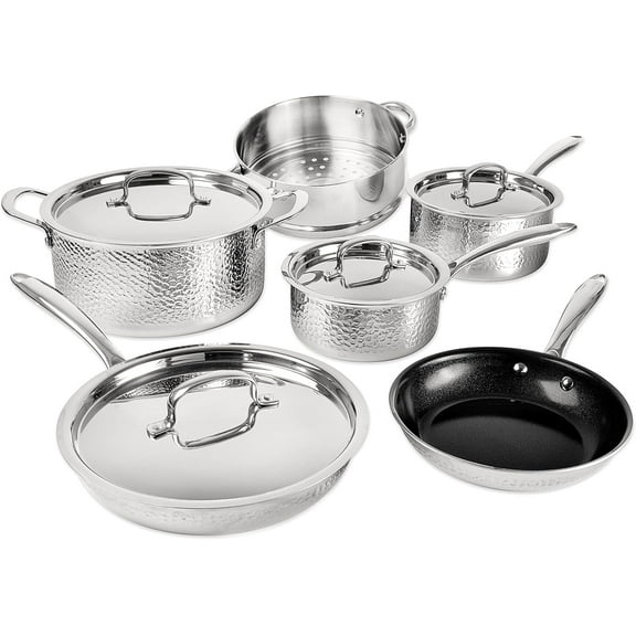 Granitestone Hammered Diamond Infused 10 Pc Pots and Pans Set Non Stick, Reinforced Aluminum Ultra Durable cookware Set w/ Stay Cool Handles, Frying Pans, Skillets, Oven & Dishwasher Safe, Silver
