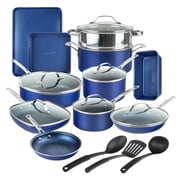Granitestone 20 Pc Complete Pots and Pans Set Non Stick, Pot and Pan Set Cookware Set with Deep Frying Pan and Bakeware, Non Stick Pots and Pan Set with Utensils, Oven/Dishwasher Safe, Blue