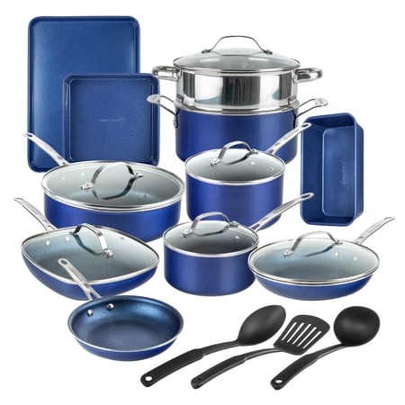 Granitestone 20 Pc Complete Pots and Pans Set Non Stick, Pot and Pan Set Cookware Set with Deep Frying Pan and Bakeware, Non Stick Pots and Pan Set with Utensils, Oven/Dishwasher Safe, Blue