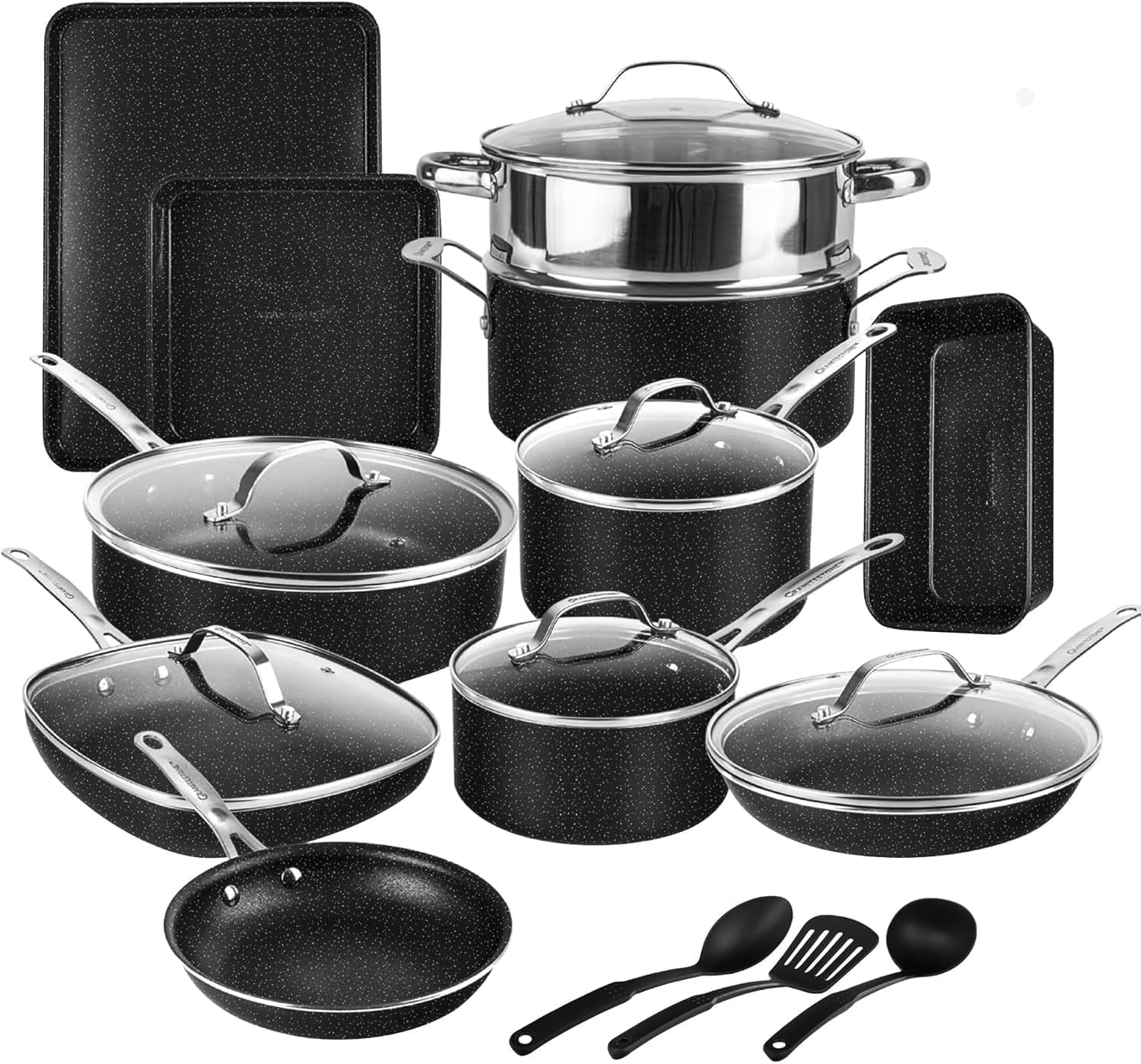 Granitestone Nonstick Pots and Pans 20 Pcs Set Kitchen Cookware Set Bakeware Cooking Frying Skillet Sauce Pan Black