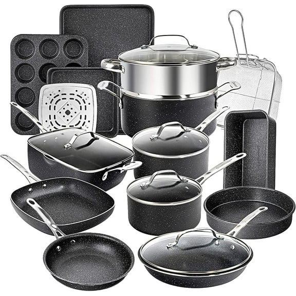 Granitestone True 20 Pc Pots and Pans Set Non Stick Cookware Set with Square Pan/Bakeware Set, Non Toxic Pot and Pan Set, Oven/Dishwasher Safe, Non stick Pots and Pan Set, No Cheater Pieces, Black