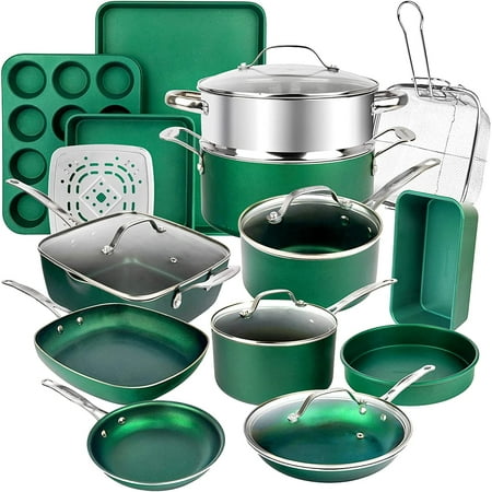 Granitestone 20 Piece Non-Stick Cookware Set, Granite Coated, Oven Safe, Dishwasher Safe, Green