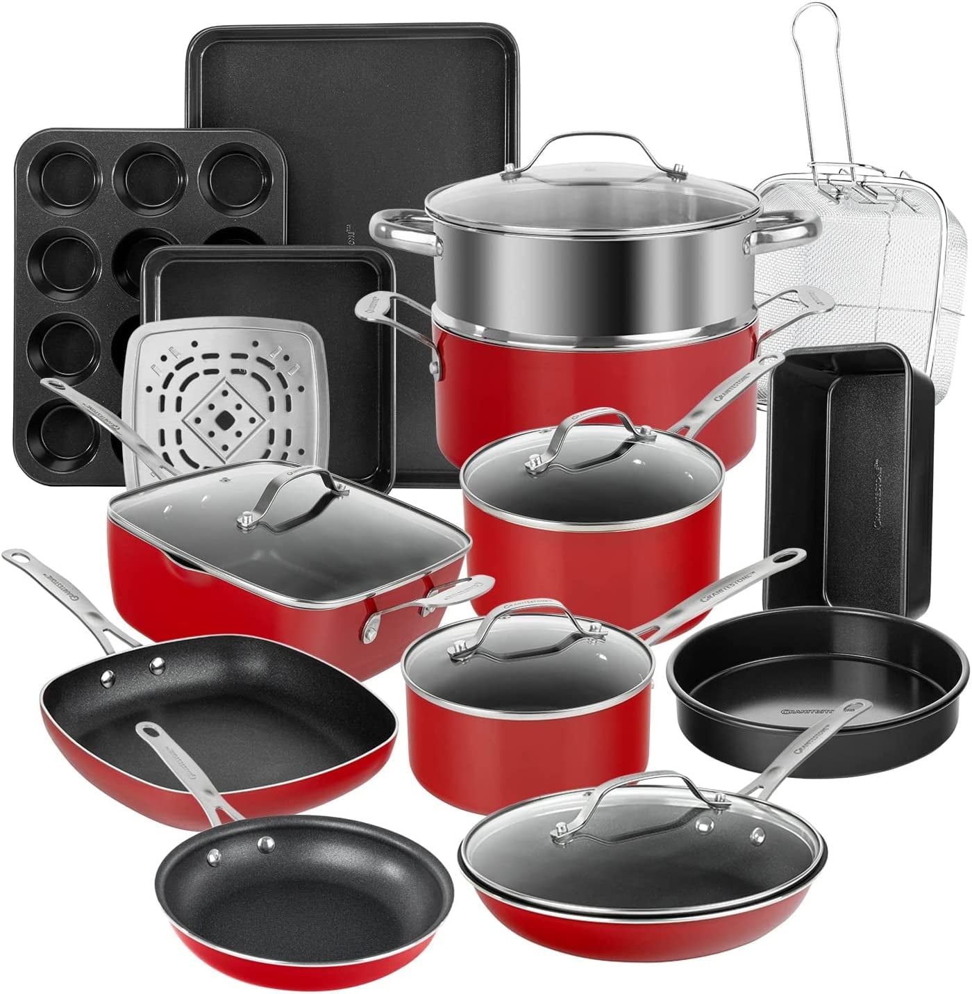 Granitestone 20-Piece Red Nonstick Aluminum Cookware and Bakeware Set