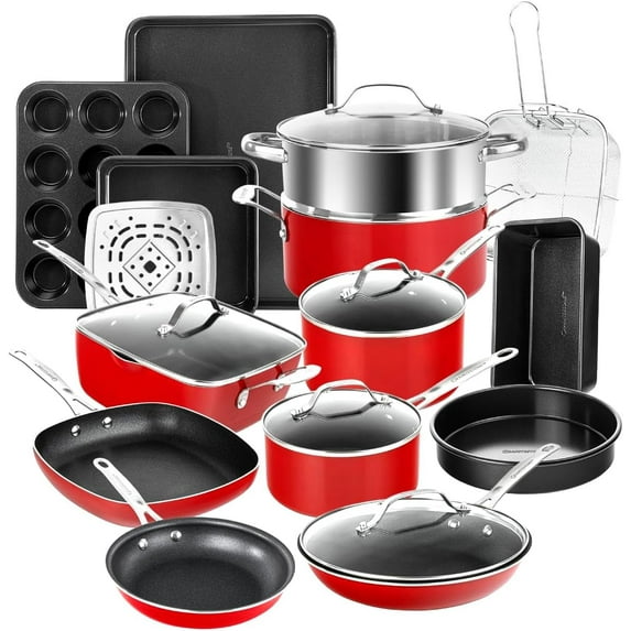 Granitestone True 20 Pc Pots and Pans Set Non Stick Cookware Set with Square Pan/Bakeware Set, Non Toxic Pot and Pan Set, Oven/Dishwasher Safe, Non stick Pots and Pan Set, No Cheater Pieces, Red