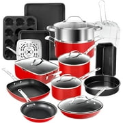 Granitestone True 20 Pc Pots and Pans Set Non Stick Cookware Set with Square Pan/Bakeware Set, Non Toxic Pot and Pan Set, Oven/Dishwasher Safe, Non stick Pots and Pan Set, No Cheater Pieces, Red
