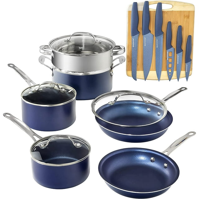 Granitestone 17Pcs Nonstick Cookware & Knife Set, Blue, Dishwasher Safe