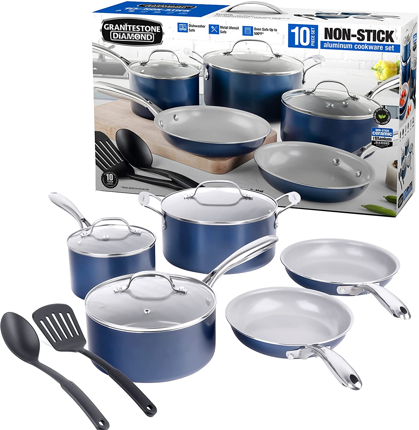 Granite Stone Blue 20 Piece Pots and Pans Set, Nonstick Cookware & Bakeware Set