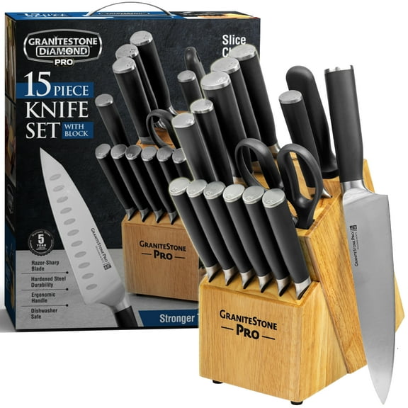 Granitestone Pro Black Knife Set 15 Piece with Block Premier Chef Knife Set with Block