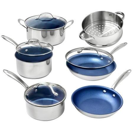 Granitestone Pro Stainless-Steel Pots & Pans Set Nonstick, Tri-Ply Base, 10 Piece Blue Nonstick Cookware Set includes Frying Pans, Stock Pots & Skillets, Dishwasher & Induction Safe
