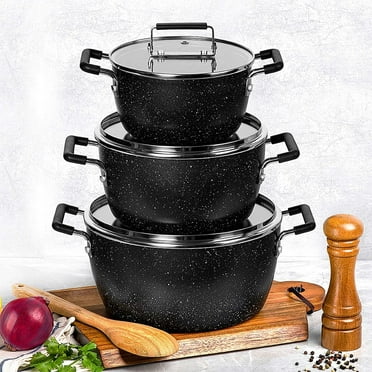 Granitestone Stackable Nonstick Pots 6 Piece Nesting Kitchen Cookware Set Cooking Pots 1.5 Qt 3.5 Qt 5 Qt Black