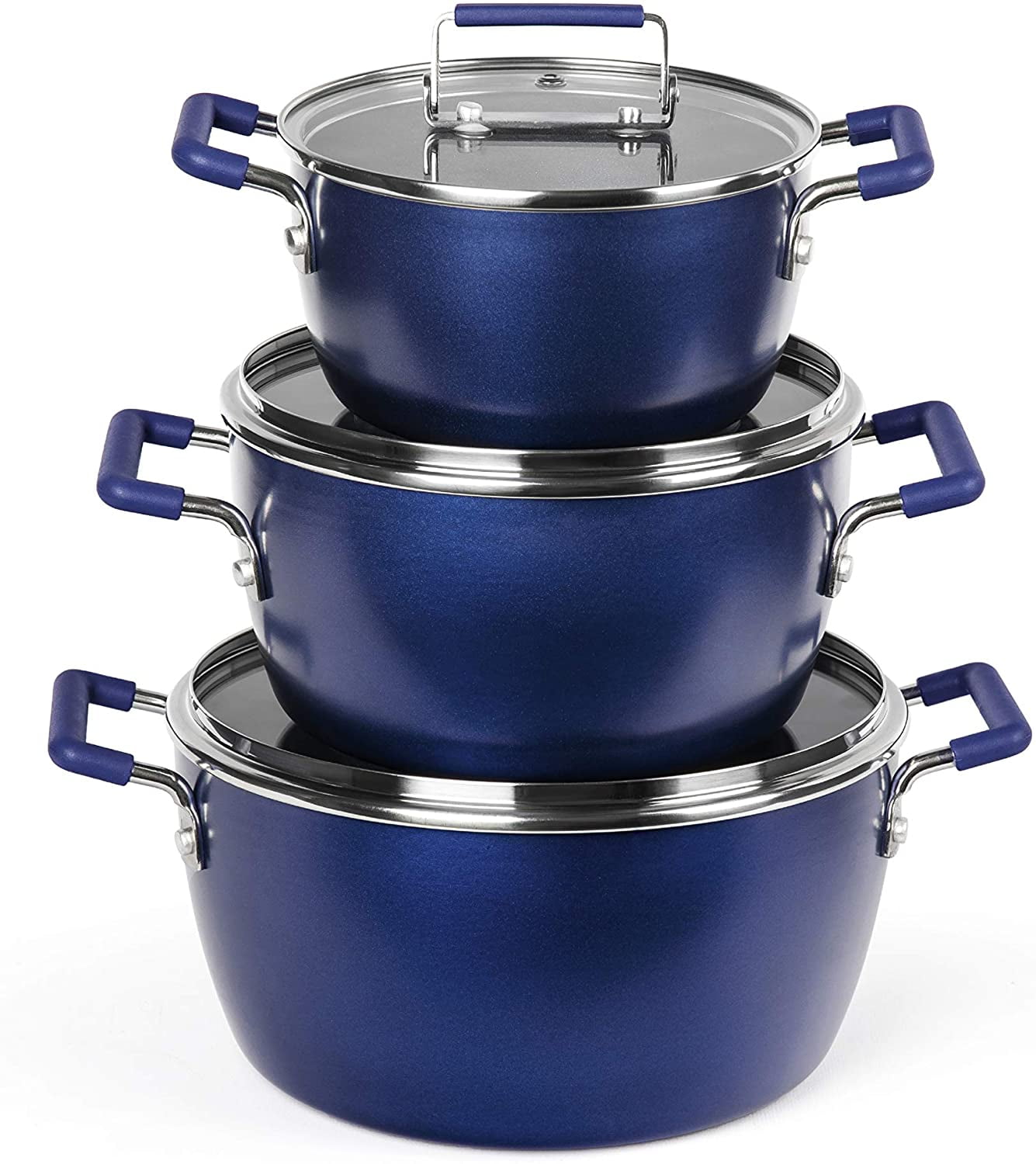 Blue Aluminum Nonstick 6-Piece Stackable Cocotte Set