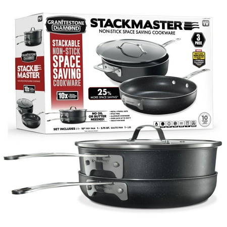 Granitestone Stackable Frying Pans, Space Saving 3 Piece Aluminum Fry Pan Set, 10" Frying Pan and 3.75Qt Saute Pan, Non Stick Cookware Set, Oven & Dishwasher Safe