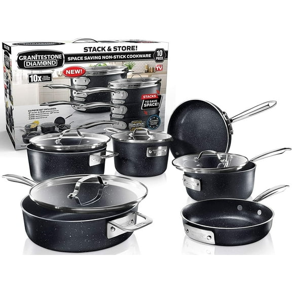 Granitestone Stackmaster Nonstick Pots and Pans Set, 10 Piece Complete Cookware Set, Stackable Design with Ultra Nonstick Mineral & Diamond Coating, Dishwasher & Oven Safe