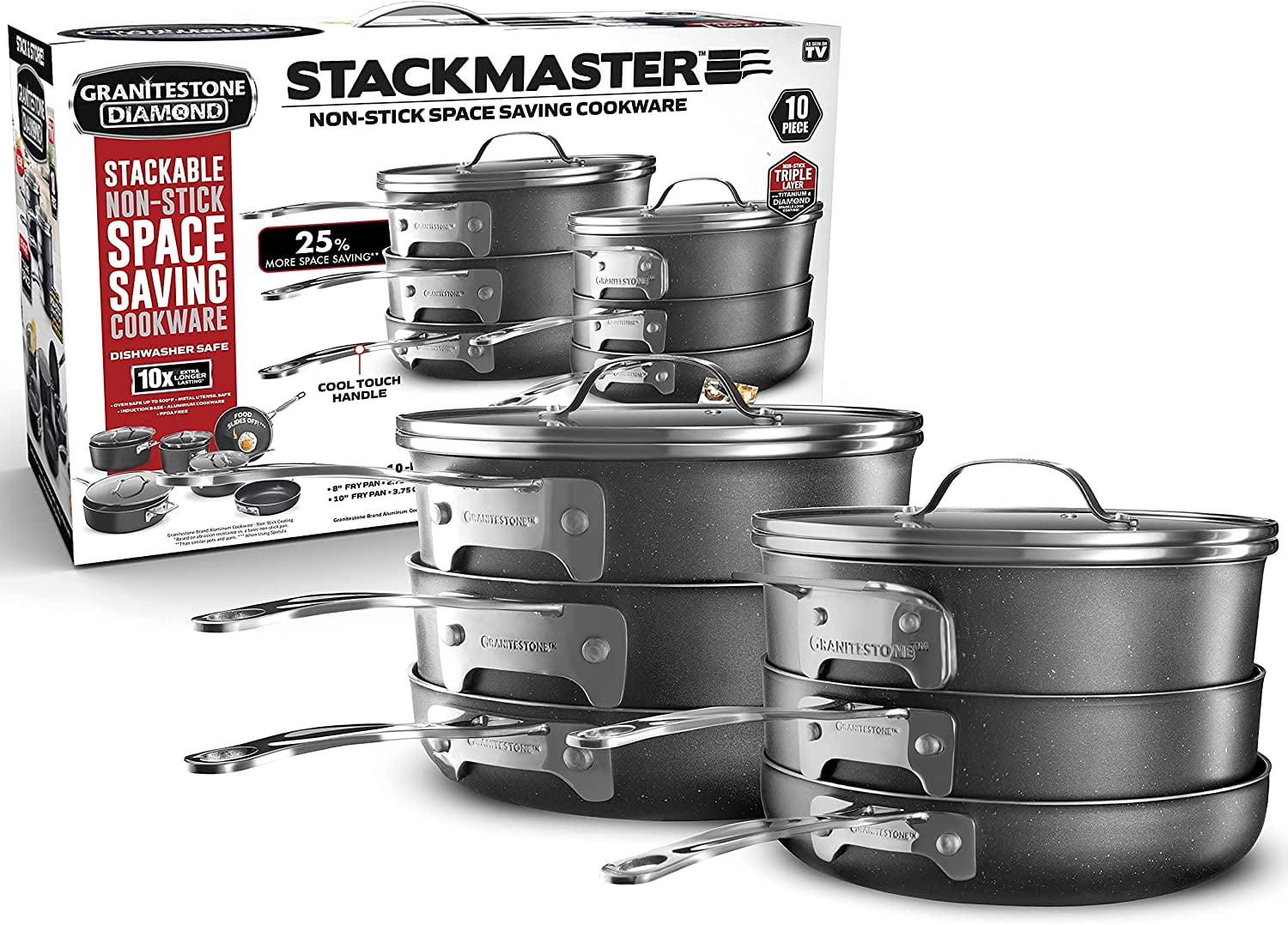 Gotham Steel Stackmaster Stackable Space Saving 10 Piece Aluminum Nonstick  Cookware Set