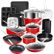 Granitestone True 20 Pc Pots and Pans Set Non Stick Cookware Set with Square Pan/Bakeware Set, Non Toxic Pot and Pan Set, Oven/Dishwasher Safe, Non stick Pots and Pan Set, No Cheater Pieces, Red