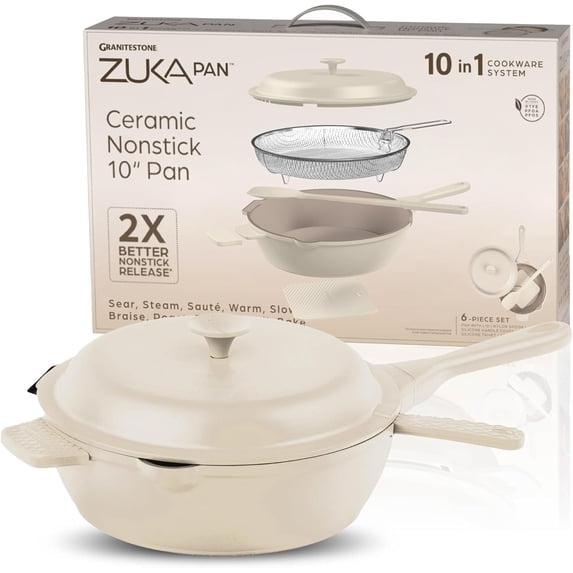 GraniteStone ZUKA Off-White Ceramic Nonstick 12 inch Deep Frying Pan Set with Steamer and Lid