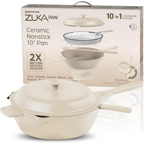 Granitestone ZUKA Ceramic Pan, 12 Inch Ceramic Deep Frying Pan Set with Steamer, Large Saute Pan with Lid, Everyday Skillet, Non Toxic Pans for Cooking, Nonstick, Induction Oven & Dishwasher Safe