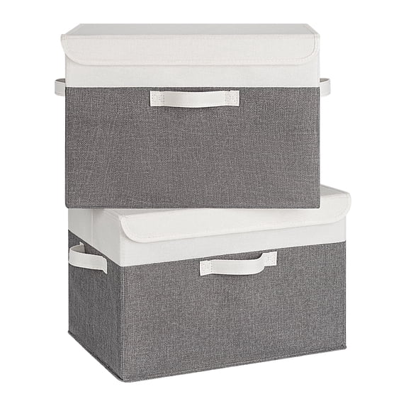 Granny Says Collapsible Storage Bins with Lids, Decorative Storage Basket for Shelves, Toy, Closet, White&Gray, 2-Pack