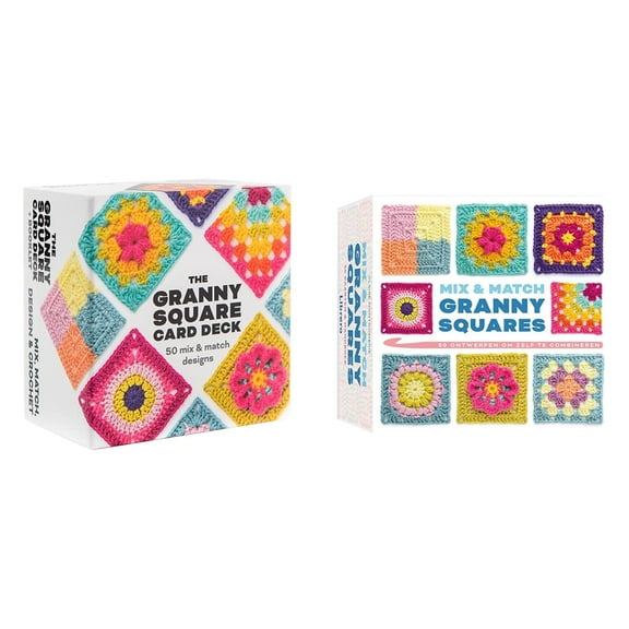 Granny Square Crochet Card Deck 2-Pack, 100 Mix & Match Designs, 4x4in Pattern Cards with Step-by-Step Crochet Instructions, Portable Knitting & DIY Craft Kit for Beginners and Crafters