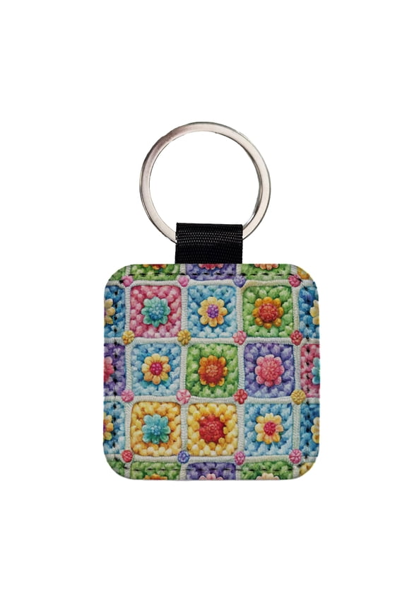 Granny Square Crochet Crocheting Pattern Watercolor Faux Leather Square Keychain