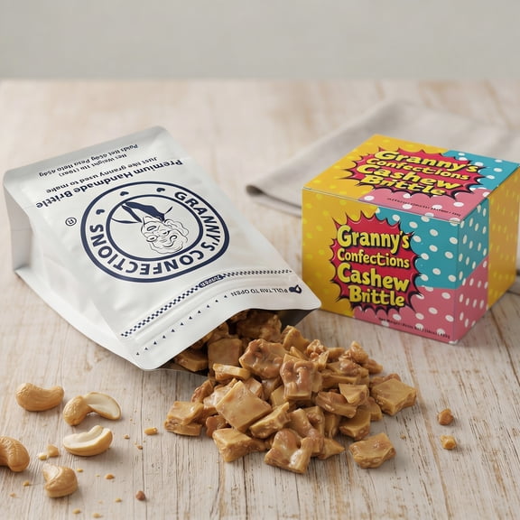 Grannys Confections Gourmet Cashew Brittle Made With Premium Cashews. Loaded With Whole Cashews. An Amazing Buttery Cashew Taste! If You Love Cashews, This Cashew Brittle Is A Must Try For You.