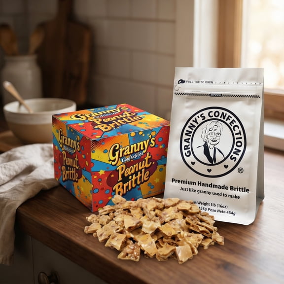 Grannys Confections Peanut Brittle.  Premium Handmade Peanut Brittle, Loaded With Peanuts, Just Like Granny Used to Make. Old Fashioned Peanut Brittle Candy. One Pound Bag (16oz)