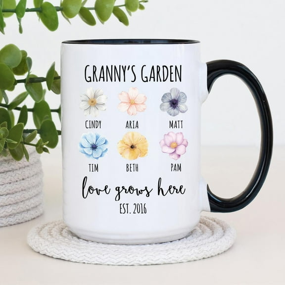 Grannys Garden Coffee Mug Personalized Granny Cup, Grandkids Birth-Flower Names, Grandma Gift